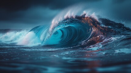 a large wave in the middle of a body of water with a dark sky in the background and some clouds in the sky. - obrazy, fototapety, plakaty