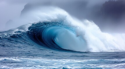 a large blue wave in the middle of a body of water with a mountain in the backgrouund.