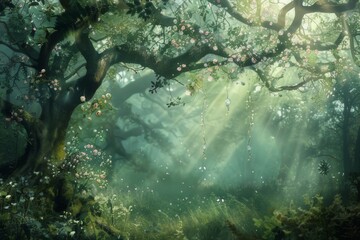 lush forest meadow which has sunlight shining through the shade of the trees In the middle was a mysterious tree. The branches are decorated with sparkling crystals.