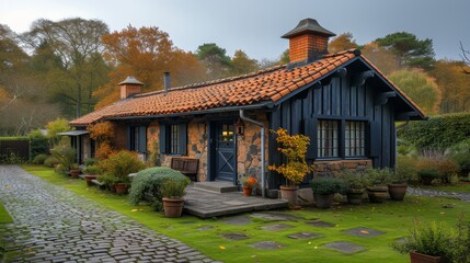 a house with a red tiled roof and a stone walkway leading up to the front door and a brick walkway leading up to the front door.