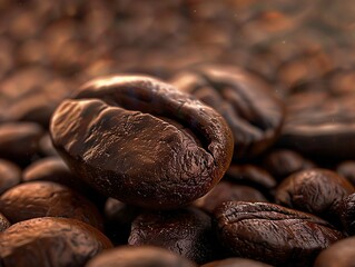 Two large coffee beans on a blurred background of many coffee beans. Banner for coffee advertising, packaging
