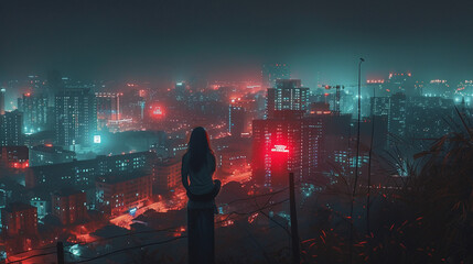 a girl sitting on a utility pole in the middle of the picture, with a city night view and high-rise buildings behind her. AI generative