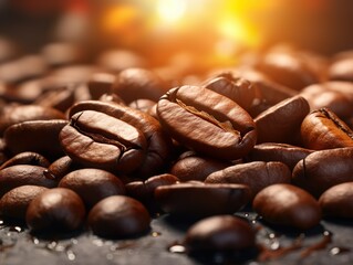 Several coffee beans close-up on blurred background of many coffee beans illuminated by the sun . Banner for advertising coffee, packaging