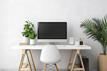 Fototapeta premium Office Space Room, Empty Wall Mockup In White Room With White Office Desk And Office Chair, 3d Render Real Room Template