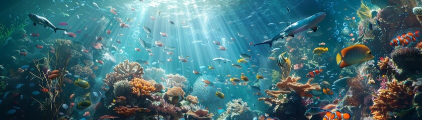 Fototapeta na wymiar Futuristic aquarium where visitors swim with CRISPR-enhanced marine life