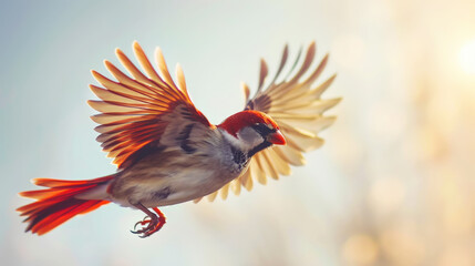 Fototapeta premium Cute little red and white sparrow in flight, soaring in the air on a light background. Wild bird concept. Generative AI