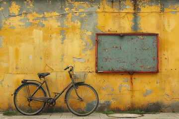 A vintage bicycle leaning against a weathered yellow wall, bathed in the warmth of a soft-5