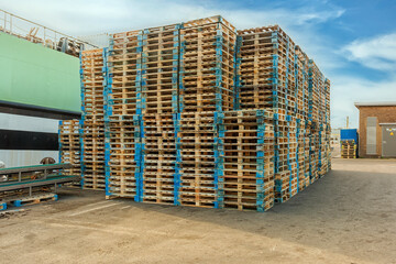 rows of wooden industrial pallets used in the professional fishing industry