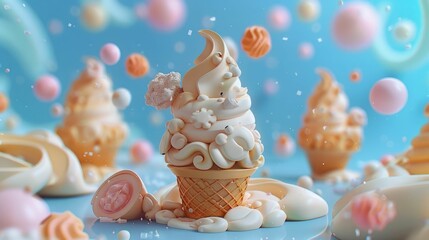 Obraz premium Surreal Clay Ice Cream Cone Composition with Dreamlike Textures and Shapes