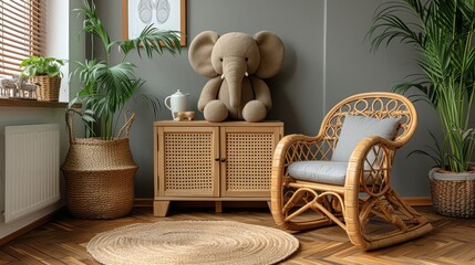 a teddy bear sitting on top of a wicker chair next to a wooden cabinet and a potted plant.