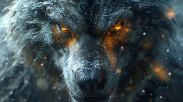 a close - up of a wolf's face with yellow eyes and snow flakes on it's fur.