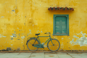A vintage bicycle rests against a faded yellow wall, its charm accentuated by a vintage filter that adds a dreamy quality to the scene-2