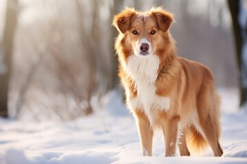 Portrait of a red border collie dog standing in the snow