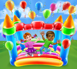 Children jumping and bouncing on a kids bouncy inflatable castle house