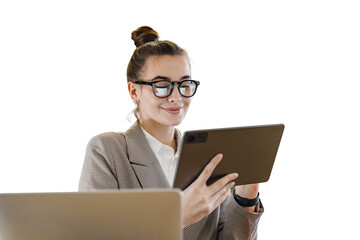 A female secretary in formal attire uses a tablet, a friendly office employee workplace. Transparent background.