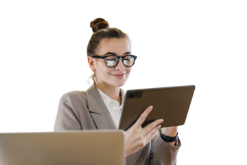 A female secretary in formal attire uses a tablet, a friendly office employee workplace. Transparent background.