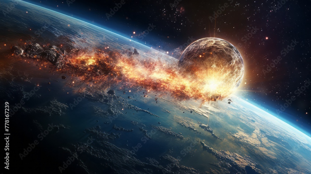 Poster image of a collision in space with a planet in the background