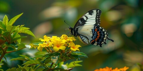 A butterfly with multi-colored wings on an orange flower against a background of warm, golden lighting.
Concept: biodiversity and natural beauty, pollination and insects in ecosystems