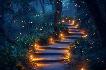 A path in the forest with fireflies, magical and mystical night time