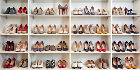 shoes on the closet shelves - obrazy, fototapety, plakaty