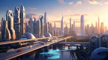 A digital illustration of a futuristic city with advanced transportation
