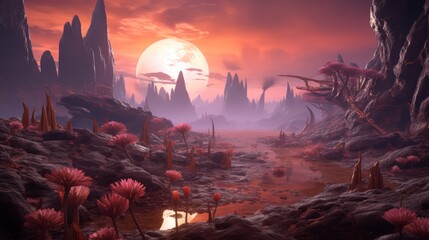 A digital landscape featuring an otherworldly alien planet