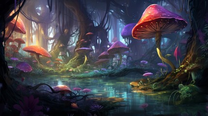 A digital painting of a fantasy forest with enchanted creatures - obrazy, fototapety, plakaty