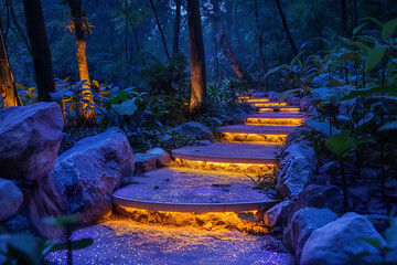 A path in the forest with fireflies, magical and mystical night time