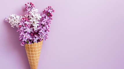 Aesthetic purple lilac flowers in a waffle cone on a light purple background, strong shadows, copy space. Generative AI