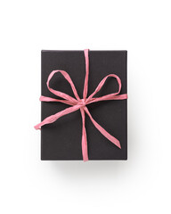 Top view of black gift box with pink paper ribbon isolated on white background - 778167838
