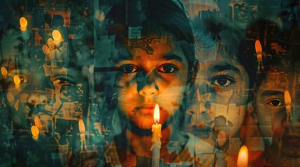 A symbol of hope: people at a candle vigil, child labor memories in the backdrop - obrazy, fototapety, plakaty