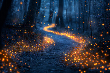 A path in the forest with fireflies, magical and mystical night time