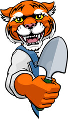 A tiger gardener cartoon gardening animal mascot holding a garden spade tool peeking round a sign