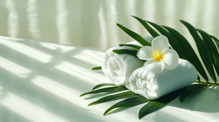 White towels rolled up with green leaf and flower, aesthetic light background. Hotel hospitality concept. Generative AI