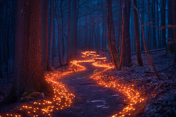 A path in the forest with fireflies, magical and mystical night time