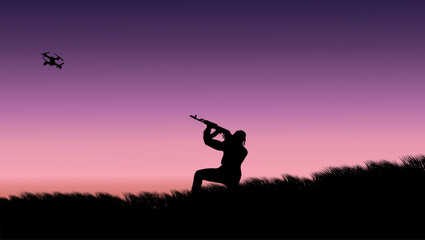 quadcopter attacks soldier, flat color illustration