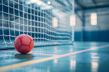 a sports ball lies on the floor in the hall at the gate, competitions and goalkeepers