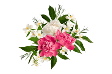 Festive floral arrangement. Jasmine flowers, white and pink peonies, green peony leaves, green twigs.Element for creating designs, cards, patterns, floral arrangements,  wedding cards and invitations.