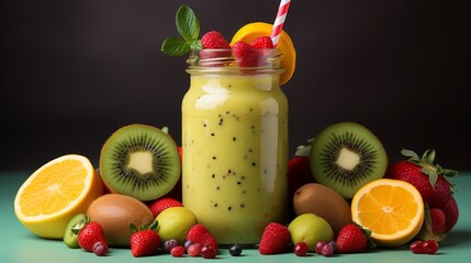 assorted tropical smoothie cocktail in a glass with eco-straw, fresh fruit
Concept: healthy drinks, dietary and detox programs, cocktails, natural juices. Copy space banner