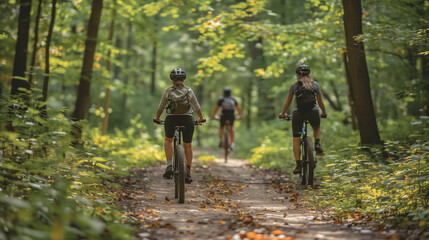 Obraz premium An enchanted forest path winds gracefully, beckoning cyclists into a world of adventure and discovery-1