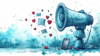 a drawing of a blue megaphone with hearts coming out of it and broken hearts coming out of the background.