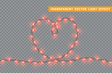 Christmas romantic decorative light garlands in the shape of a heart. New Year's decor. Realistic Xmas holiday decoration. vector illustration