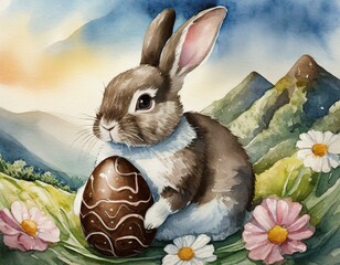Watercolor cute Easter rabbit with pink tied bow and chocolate egg against mountains background