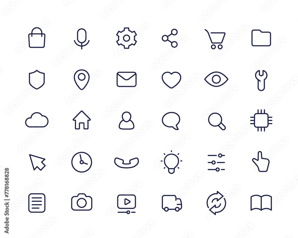 Poster line icons for ui, apps and web, basic simple design, vector set on white