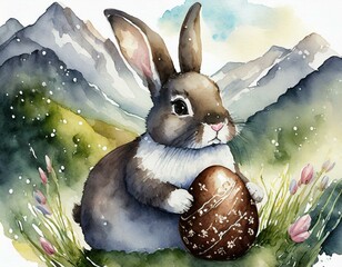 Watercolor cute Easter rabbit with pink tied bow and chocolate egg against mountains background
