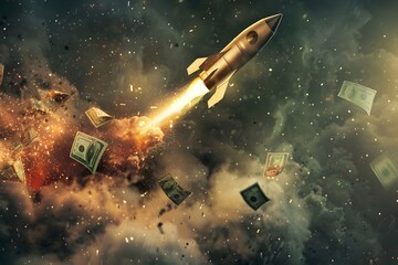 Obraz premium a spaceship flying out of the world with money behind the craftmanship