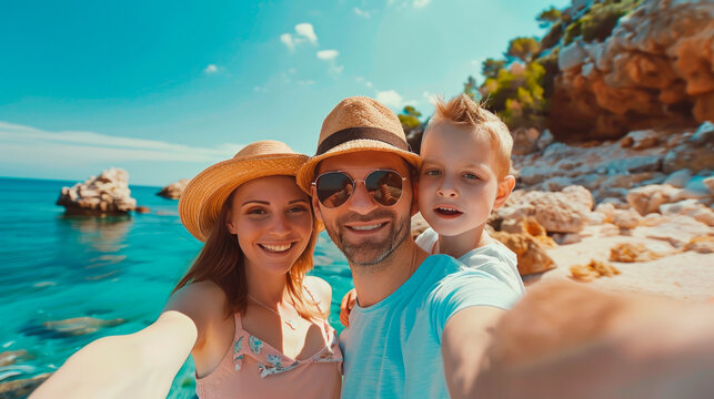 A father takes selfies with his family, young parents with their son, happy people on vacation at sea.