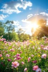 Obraz premium Summer meadow with vibrant flowers and sun flare in nature