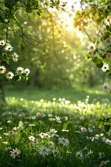 Idyllic summer meadow with lush green grass and daisy flowers