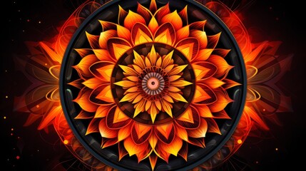 A mandala with geometric patterns and fiery colors
